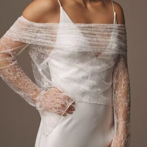Theia Ocean Off-The-Shoulder Long-Sleeve Lace Bridal Topper